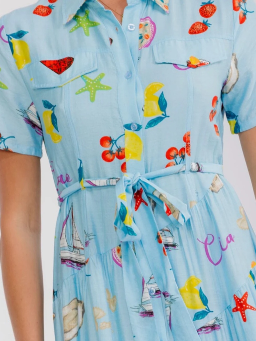 "The Kara" Blue Button Up Self Tie Multi Print Midi Dress - Picture 2 of 3